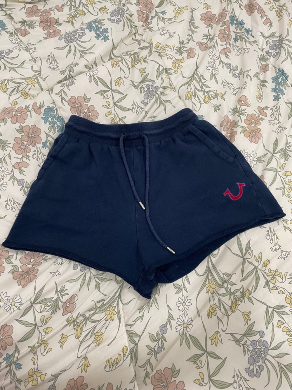 True Religion Navy Drawstring Athletic Shorts with Pink Logo